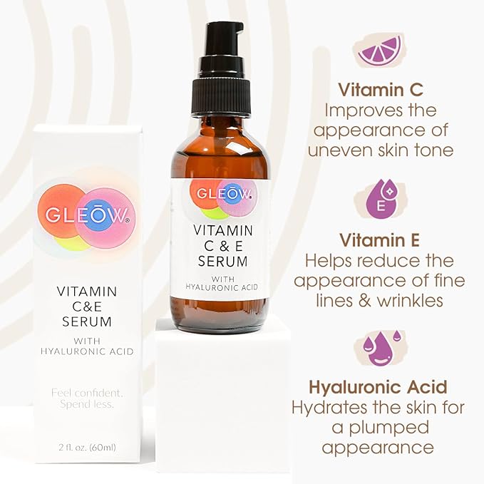 GLEOW Vitamin C Serum for Face with Hyaluronic Acid and Vitamin E, Brightening Face Serum Targets the Appearance of Fine Lines and Uneven Skin Tone, 2 oz