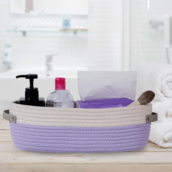 Oradrem 2 Pack Small Cotton Rope Woven Basket Toilet Paper Baskets for Organizing Decorative Baskets for Boho Decor Small Storage Basket 13"x5.9"x4" Purple