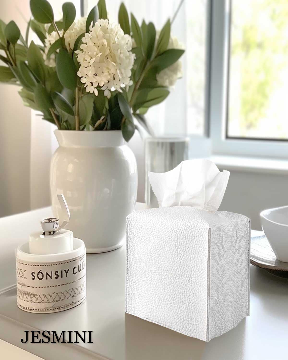 JESMINI Tissue Holder White Tissue Box Cover – Square Leather Tissue Cover Box with Bottom Belt, Decorative Tissue Box Holder for Modern Home Office Decor