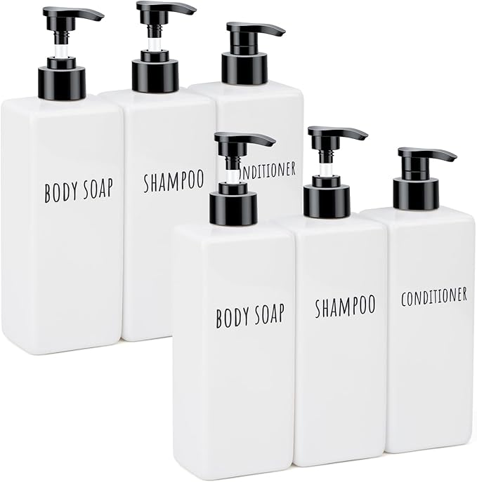 Segbeauty 16.9oz Shampoo and Conditioner Dispenser, 6pcs Empty Refillable Soap Dispenser Set, 500ml Plastic Square Soap Dispensers for Bathroom, Press Pump Body Wash Dispenser for Shower Bathroom