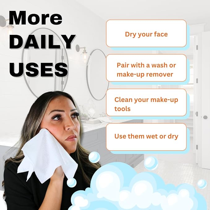 50 Pack Large Disposable Face Towels, Facial Wipes, Super Soft and Thick Shaving Face Towels XL, Daily Makeup Remover Tissues, Dry Clean Cloths for Sensitive Skin, 10"×12"