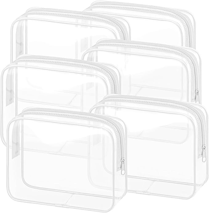 CHICAUP 6 Pieces Clear Makeup Bags Bulk TSA Approved Toiletry Bag for Travel PVC Waterproof Clear Cosmetic Pouch with Zipper for Men and Women Carry-on Travel Essentials (White)