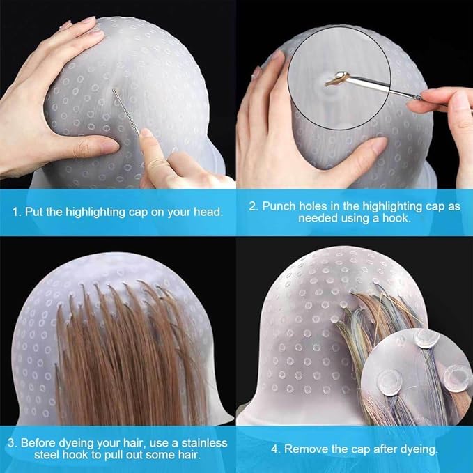2 Pcs Hair Coloring Highlighting Cap Reusable Silicone Highlight Cap with Hook Hair Dye Cap with Holes Hair Salon Tools Hairdressing Highlighting Kit