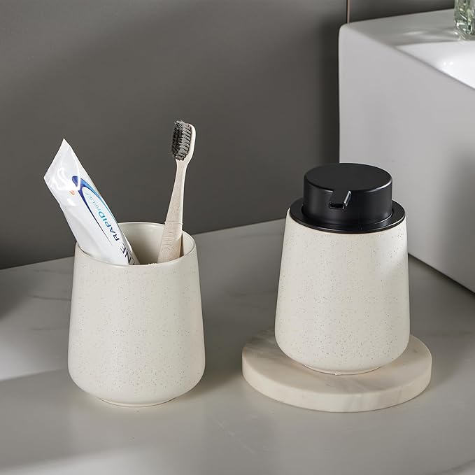 12Oz Hand Soap Dispenser Set - 2 Pack Ceramic Foam Soap Dispenser Set with Easy-to-Press Black Pump, Refillable Mordern Foaming Dish Soap Dispensers for Bathroom & Kitchen (Beige, Foam Pump)