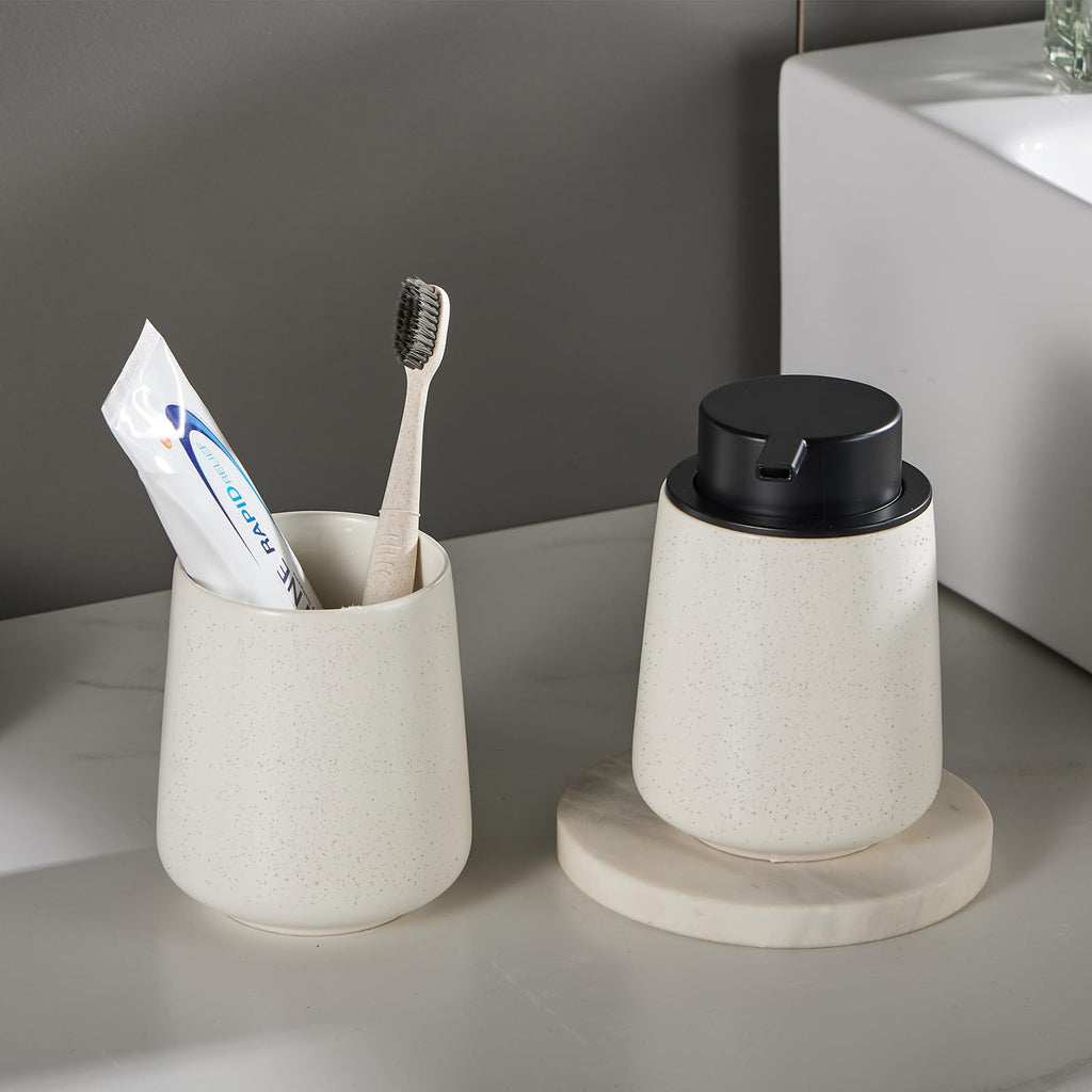 12Oz Hand Soap Dispenser Set - 2 Pack Ceramic Foam Soap Dispenser Set with Easy-to-Press Black Pump, Refillable Mordern Foaming Dish Soap Dispensers for Bathroom & Kitchen (Beige, Foam Pump)