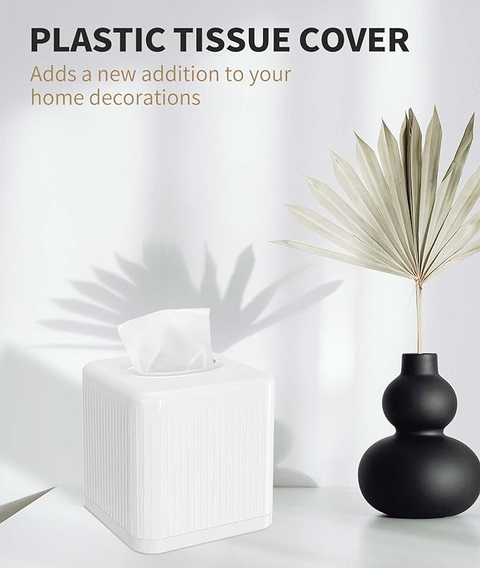 Livelab Tissue Box Cover with Base, Square Plastic Tissue Box Holder Decorative Tissue Cover Modern Cube Facial Tissue Dispenser for Bathroom Vanity Countertop, Living Room, Bedroom, Office - White