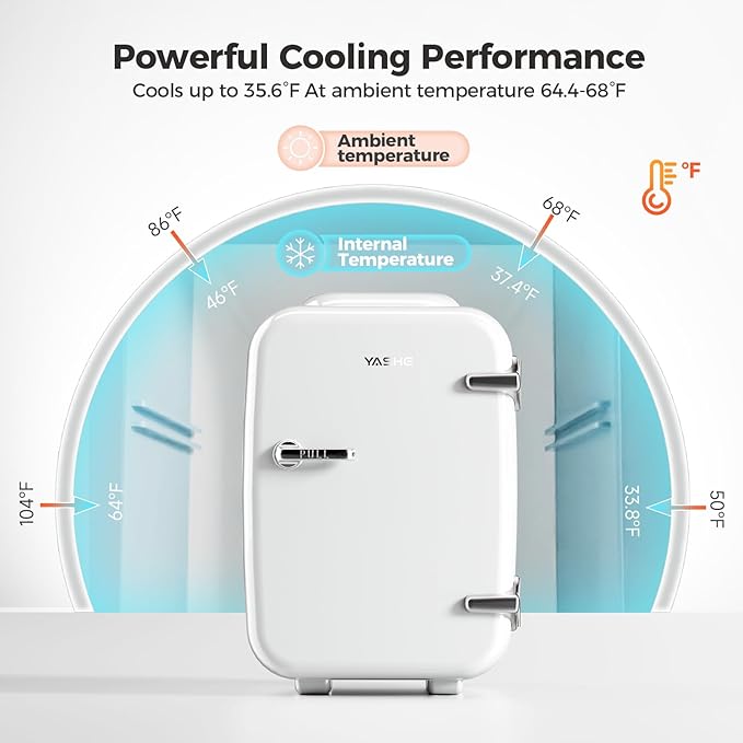 YASHE Mini Fridge, 4 Liter/6 Can Mini Makeup Fridge, 110V AC/ 12V DC Portable Thermoelectric Cooler&Warmer for Skincare, Drink, Cosmetic, Medicine, Small fridge for Bedroom, Office, Dorm, Car, White