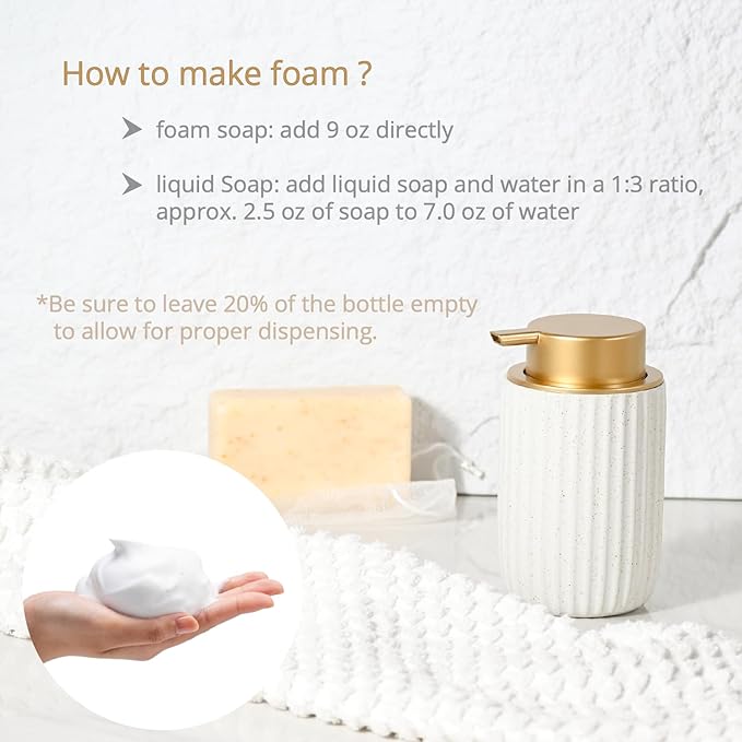 Speckled Matte White Ceramic Foam Soap Dispenser, 12 oz Refillable Pump with Golden Top, Elegant Foaming Dispenser for Bathroom or Kitchen, Speckled White