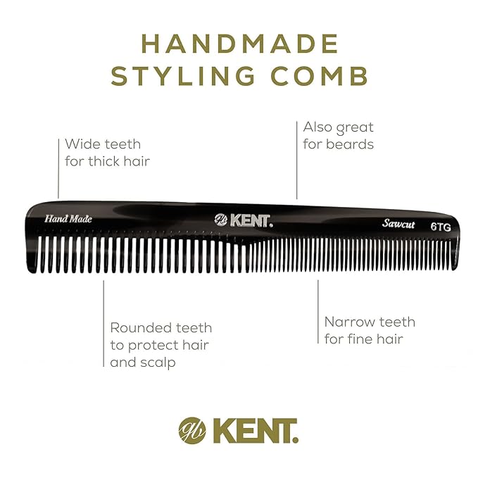 Kent 6T Black Graphite Fine Tooth and Wide Tooth Hair Comb, Handmade Styling Comb for Hair Care, Barber Combs, Beard Combs For Men, Styling Grooming for Men, Women and Kids