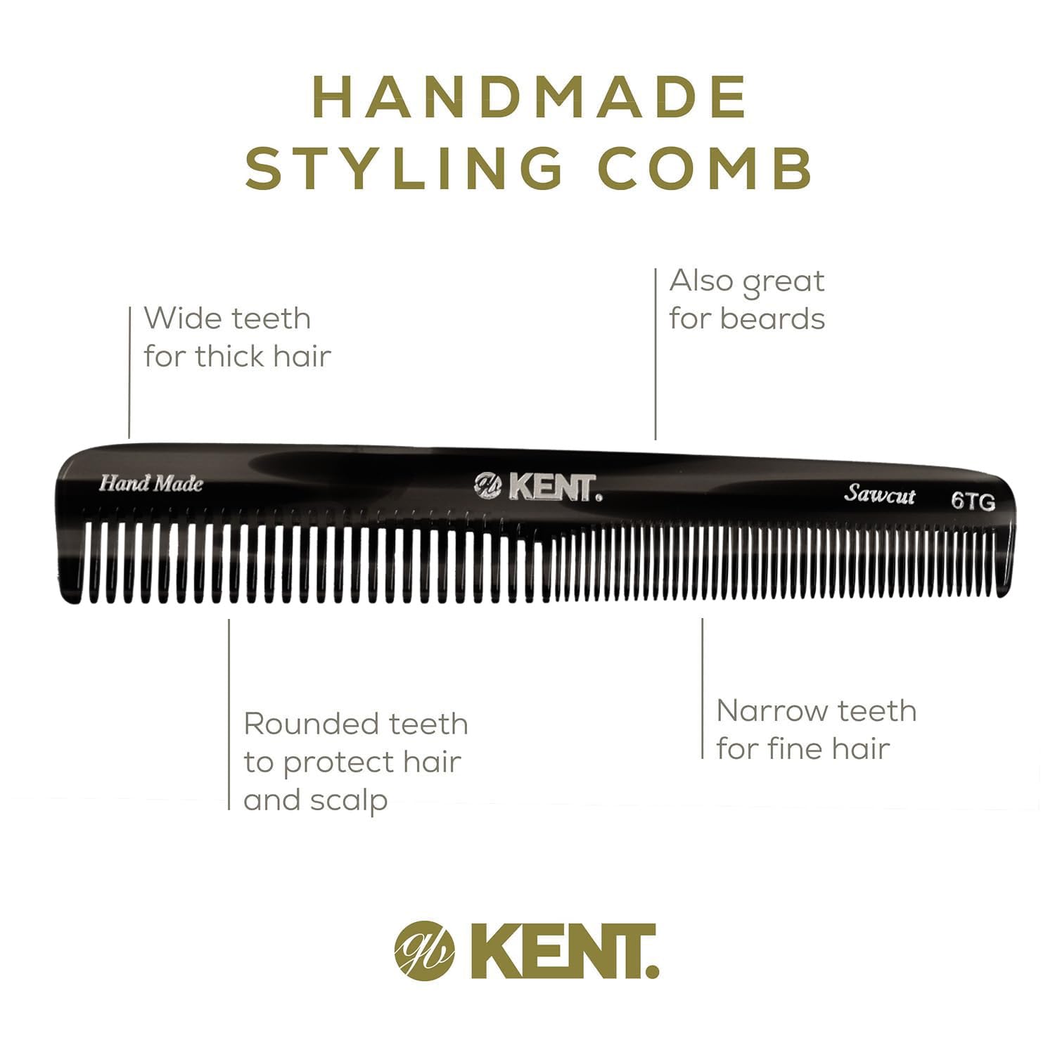 Kent 6T Black Graphite Fine Tooth and Wide Tooth Hair Comb, Handmade Styling Comb for Hair Care, Barber Combs, Beard Combs For Men, Styling Grooming for Men, Women and Kids