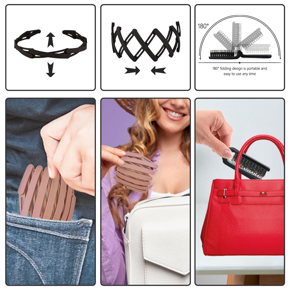 Aozzy 6Pcs Travel Boar Bristle Folding Hair Brush with Retractable Band for Thin/Thick Hair, Mini Brush for Women's Hairstyles, Men's Hair & Beard - Great for Purse/Pocket