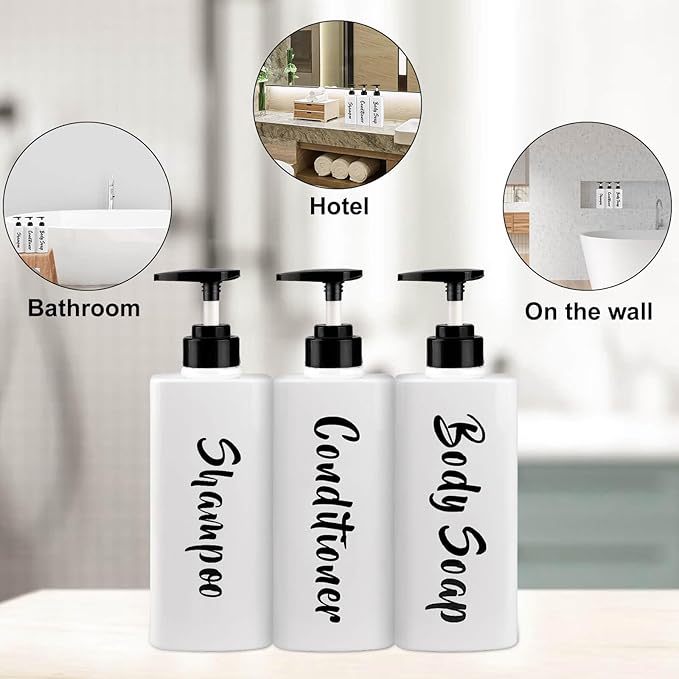 AUMIO 16.9oz Shampoo Conditioner Body Wash Dispenser for Shower, Refillable Printed Soap Bottles with Pump, Empty Plastic Bathroom Dispenser Set for Shampoo, Conditioner & Soap (White, 3 Pack)