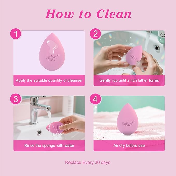 Makeup Sponge Set (4 Shapes 7 pcs) - Latex-Free Blending Sponge for Liquid, Cream & Powder, Soft Reusable Beauty Sponge for Wet/Dry Application, Face Foundation Blender (Pink)