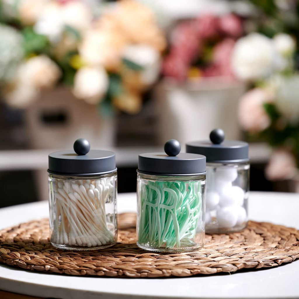 Amolliar Apothecary Jar Bathroom Storage Qtip Holder Glass, Grey 2Pack