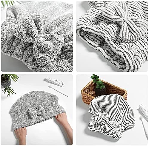 SportMore Microfiber Hair Towel Wrap, Soft Absorbent & Quick Drying Cap Set for Curly Thick Hair, Women & Girls - 2 Pcs (Stripe & Gray)