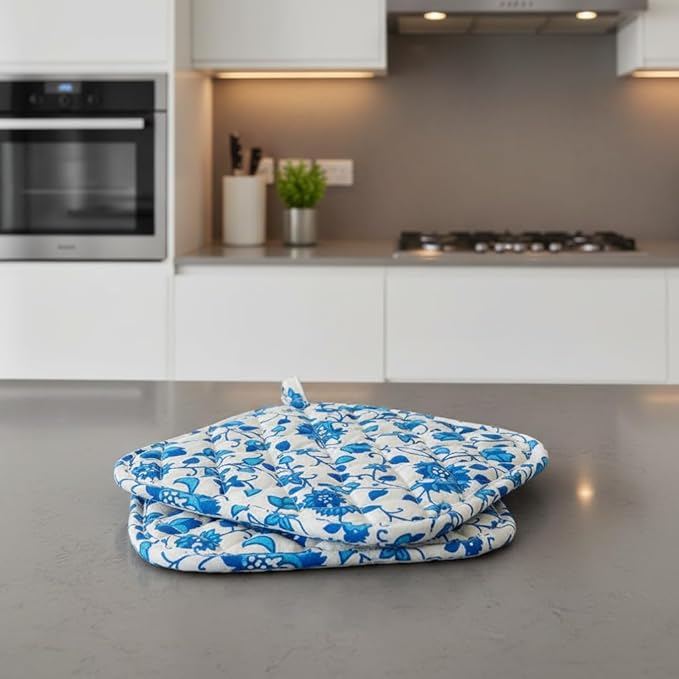 AUNERCART Cotton Pot Holder for Kitchen Heat Resistant Oven Mitts Potholder Hot Pads Cooking Baking Machine Washable Reversible Turquoise Blue 2 Piece Set