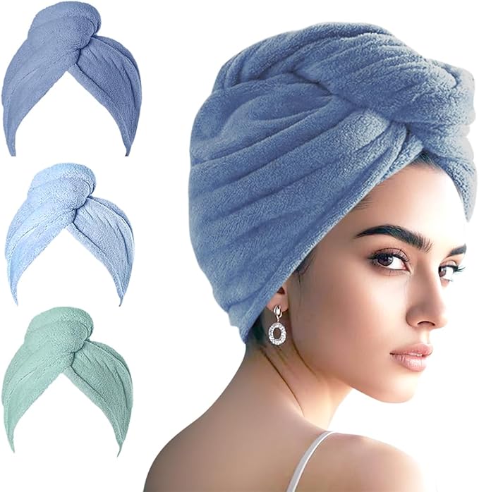 Microfiber Hair Drying Towel Wrap for Women, Hair Turbans Towel for Wet Hair,turbie Twist Hair Towels(The Color of the Picture is for Reference only) (Dark Blue,Light Blue,Light Green)