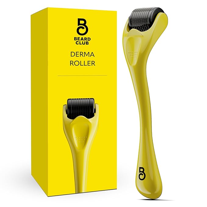 The Beard Club Derma Roller for Face, Body and Scalp - Microneedling for Men and Women with 540 Titanium Microneedles - Beard Roller & Micro Needling Scalp Hair - Yellow & Black