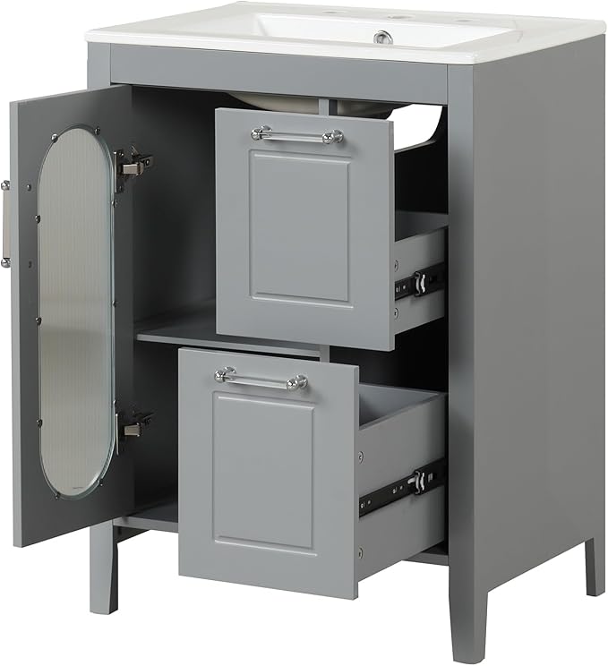 Harper & Bright Designs 24" Bathroom Vanity with Sink, Free Standing Single Basin Vanity Set with Two Drawers and Glass Door, Modern Wooden Bathroom Cabinet with Ceramic Basin for Bathroom, Grey