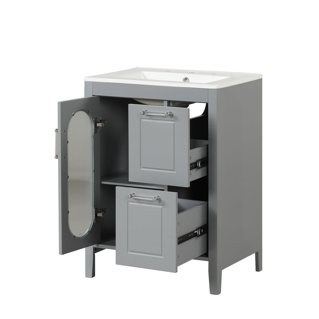 Harper & Bright Designs 24" Bathroom Vanity with Sink, Free Standing Single Basin Vanity Set with Two Drawers and Glass Door, Modern Wooden Bathroom Cabinet with Ceramic Basin for Bathroom, Grey