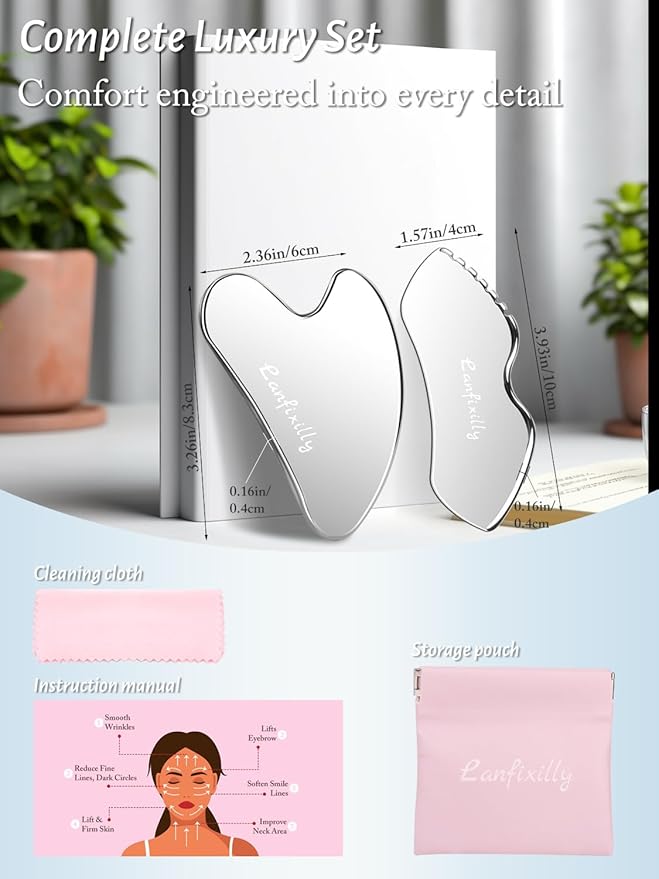 Lanfixilly 2Pcs Stainless Steel Gua Sha, Gua Sha Facial Tools for Face Sculpting, Metal Gua Sha Skin Care, Massage Gift for Women