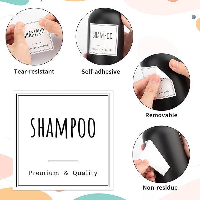 Segbeauty Bathroom Organization Labels, 18pcs Waterproof Soap Dispenser Bottle Label Stickers, White Removable Self-Adhesive Stickers for Shampoo Conditioner Hand Soap Lotion Dish Wash Bottles