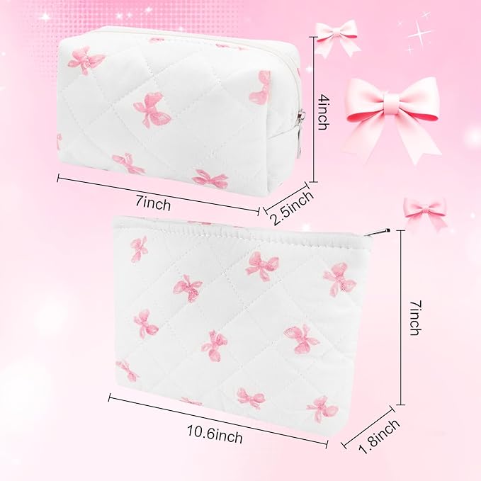 Lestp 2Pcs Small Makeup Bag Quilted Cosmetic Bag Flower Pencil Case Travel Makeup Bag Set for Women Cute Cosmetic Pouch Aesthetic Cotton Toiletry Organizer Storage Bags Puffy Zipper Pouch D