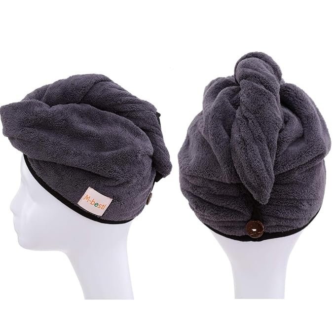 M-bestl 2 Pack Hair Drying Towels, Hair Towel Wrap,Absorbent Microfiber Hair Towel Turban with Button Design to Dry Hair More Quicker(Blue&Dark Gray)