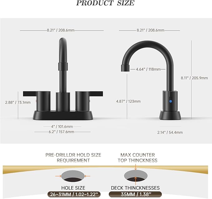 Phiestina 4 Inch 2 Handle Centerset Matte Black Lead-Free Modern Bathroom Faucet 2 Pack, 360 Swivel Spout 2-3 Hole RV Bathroom Vanity Sink Faucet with Pop Up Drain,Water Supply Lines,BF15-1-MB-2PACK