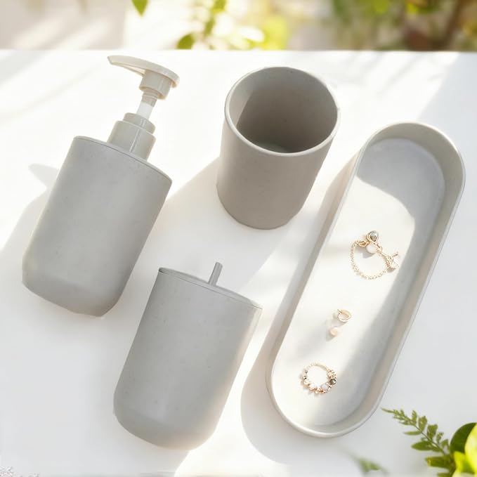 LGURT 4-Piece Light Gray Plastic Bathroom Organizer Set, with Lotion Soap Dispenser, Tumbler, Cotton Swab Cup & Vanity Tray (7.87" × 2.56") – Bathroom Decor for Apartment, Dorm & Guest Bath