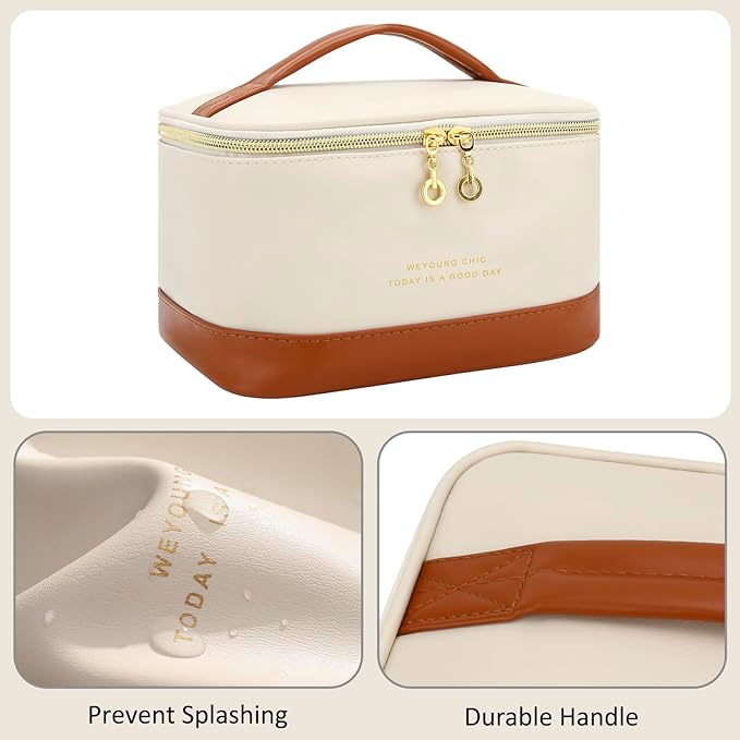 JINSI Small Makeup Bag Travel Cosmetic Bag Toiletry Zipper Pouch Make Up Organizer Bag with Handle Purse for Women Soft PU Leather Skincare Case (L01-Beige)