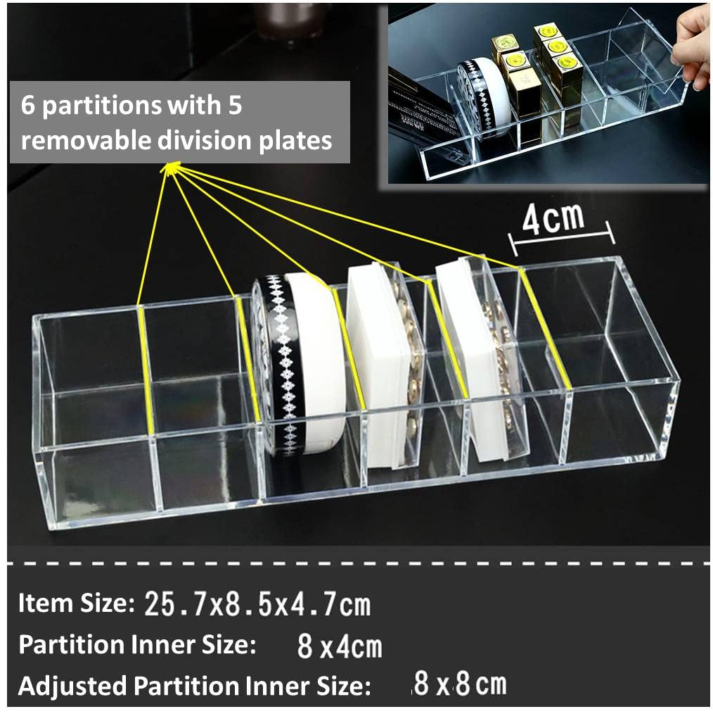 KW Collection Acrylic Makeup Organizer Cosmetic Storage Makeup Display Case Lipstick Holder Dispenser Adjustable Canister Bathroom Container (10 x 3.4 x 1.9 inches, 6 Partitions, Transparent)