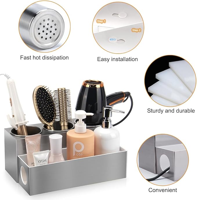 GFWARE Hot Hair Styling Tool Organizer with 3 Stainless Steel Cups, Silver