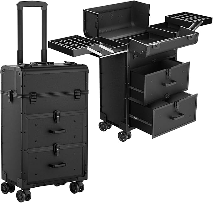 ALUROICE Large Rolling Makeup Train Case, Professional Travel Cosmetology Case on Wheels with Drawers, 3 Tiers Nail Organizers Storage Case for Nail Tech, Tattoo, Hairstylist, Makeup, Extra Large