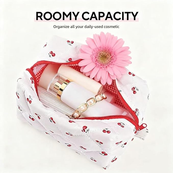 MZLUWM Floral Makeup Bag,Floral Quilted Makeup Pouch,Large Cosmetic Bag,Fashionable Travel Makeup Pouch, Cute Cherry Make up Bag,Puffy Coquette Makeup Bag, Attractive Quilted Make up Bag