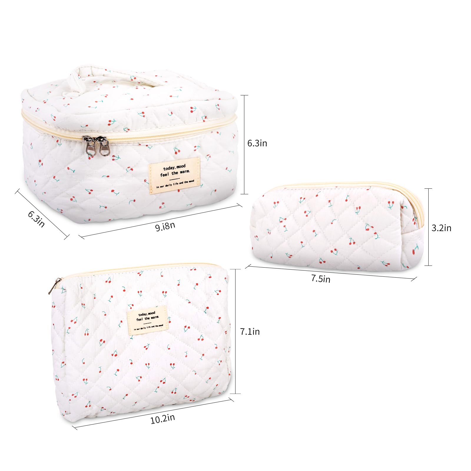 GISMTR 3Pcs Cotton Quilted Makeup Bag Large Travel Cosmetic Bag Coquette Makeup Pouch Cute Aesthetic Floral Toiletry Bag for Women Girls (cherry-B)