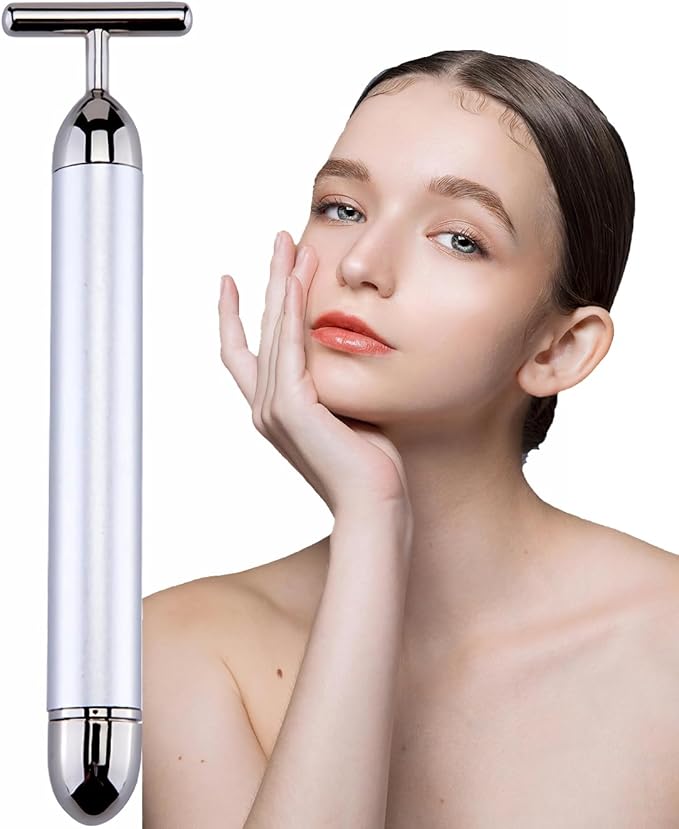 Beauty Bar 24K Gold Facial Massager - Face T Shape Tool for Skin Care Tightening with Ergonomic Design (Silver)