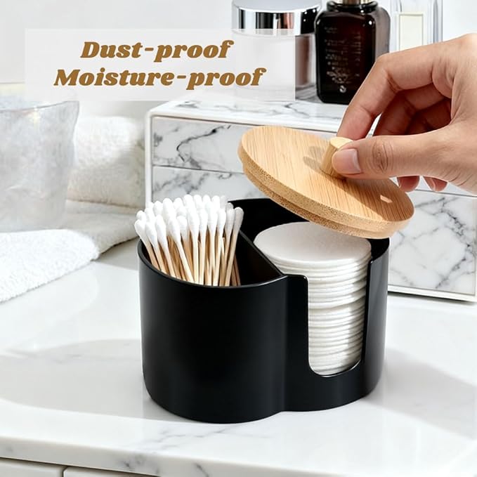 Axrivonte Qtip Holder Dispenser,Dual-Compartment Cotton Swab & Cotton Pad Organizer with Removable Dustproo-f Lid,Compact Countertop Storage Container(Black)