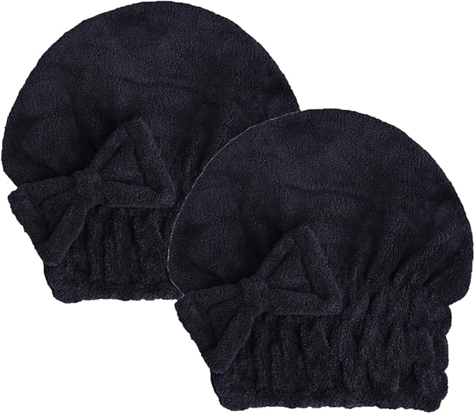 HOPESHINE Microfiber Hair Towel Cap for Women Wet Short or Long Curly Hair Super Absorbent Quick Dry Turbans for Girls Anti Frizz (2, BlackX2)