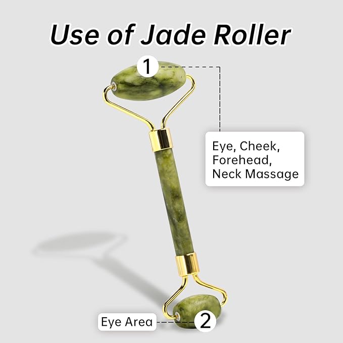 Olaemuo Jade Gua Sha and Face Roller, Real Jade Gua-Sha Stone Facial Tools Set for Reduce Puffiness, Body Guasha Tool for Relieve Neck Tension, Skincare Beauty Massager as Present for Women, Green