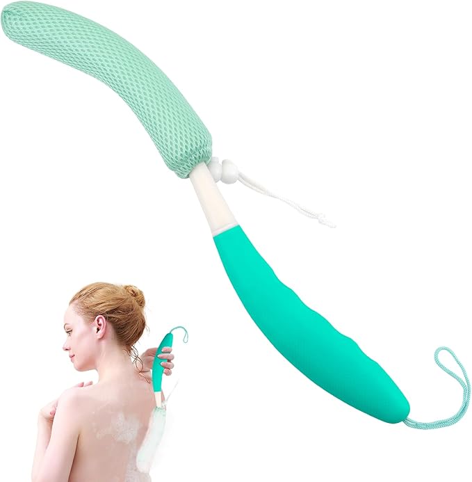 KkaFFe Back Scrubber for Shower，Mesh Sponge Body Shower Brush with Long Handle for Use in Shower Back Scrubber,Back Scrub for Exfoliating Body Scrubber or Shower Brush (Green and Green)