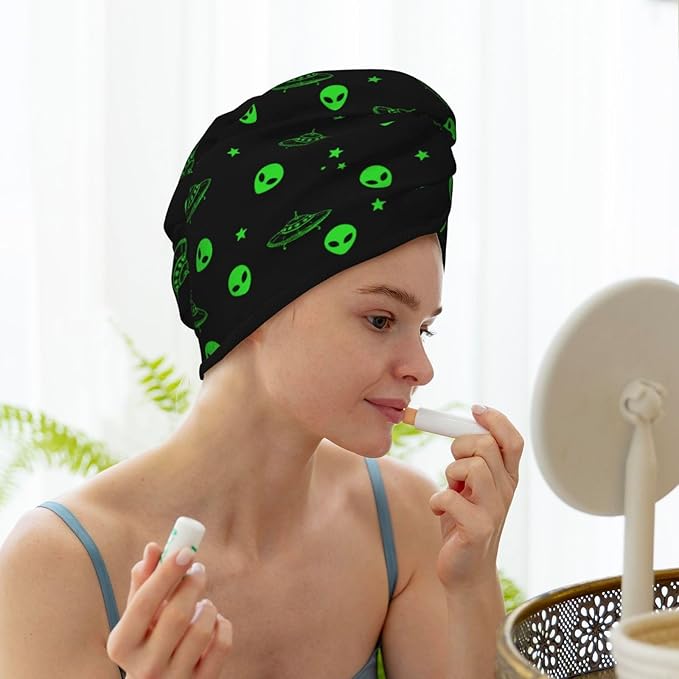 Galaxy Alien Hair Towel Wrap Microfiber Fast Drying Hair Turban with Buttons for Women Men Drying Curly, Long & Thick Hair
