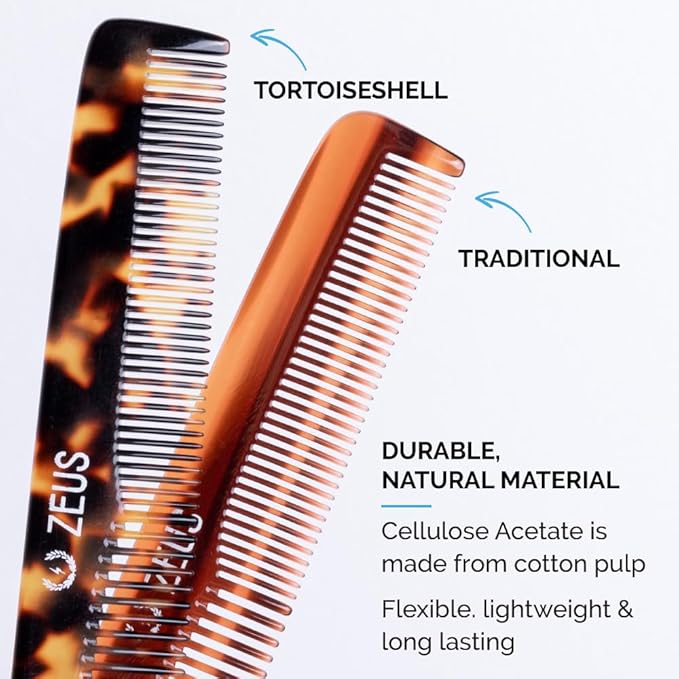 ZEUS Beard Comb for Men, 6” Saw-Cut Tortoiseshell Hair Comb (V12)