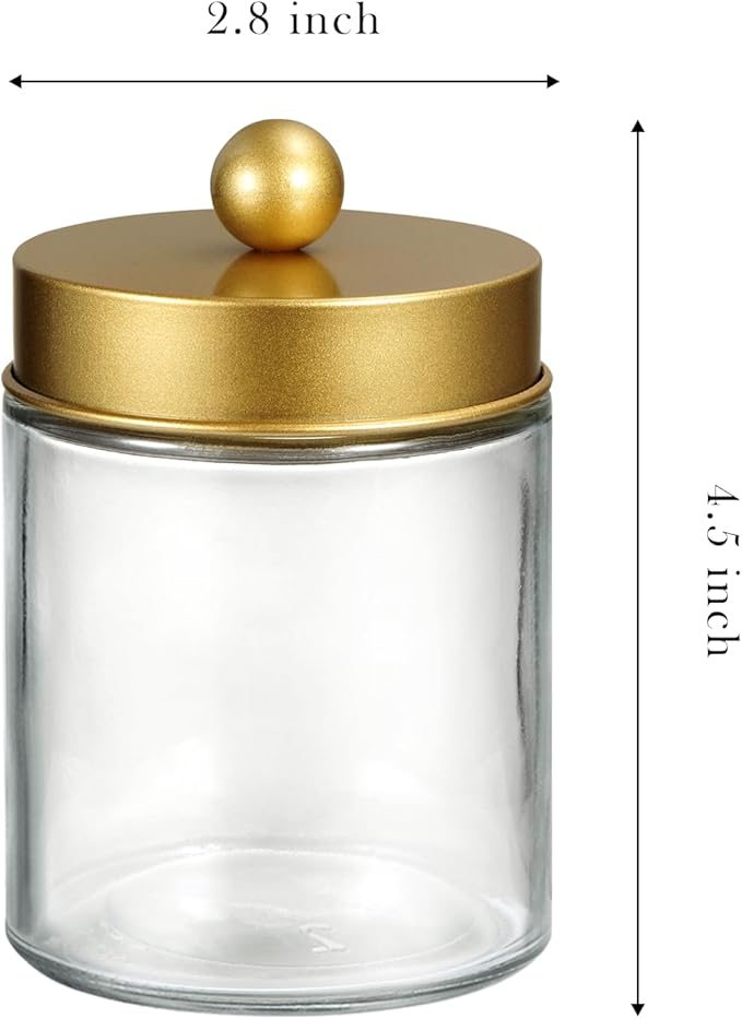 SheeChung Qtip Dispenser Holder 4pcs, Glass Apothecary Jars with Gold Stainless Steel Lids &Stickers, Countertop Canister Guest Bathroom Storage Organizer Set for Cotton Swabs/Balls/Pads, Floss Picks
