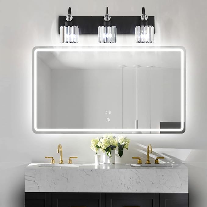 Ralbay Modern Crystal Vanity Light 3-Lights Modern Crystal Vanity Lights for Bathroom Matte Black Crystal Bath Wall Light Fixtures Modern Black Crystal Bathroom Light Fixtures