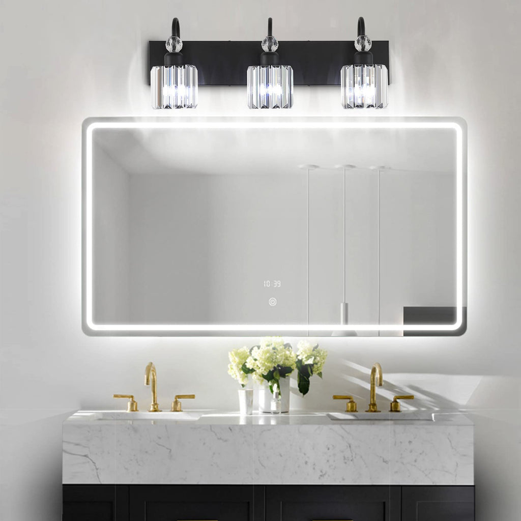 Ralbay Modern Crystal Vanity Light 3-Lights Modern Crystal Vanity Lights for Bathroom Matte Black Crystal Bath Wall Light Fixtures Modern Black Crystal Bathroom Light Fixtures