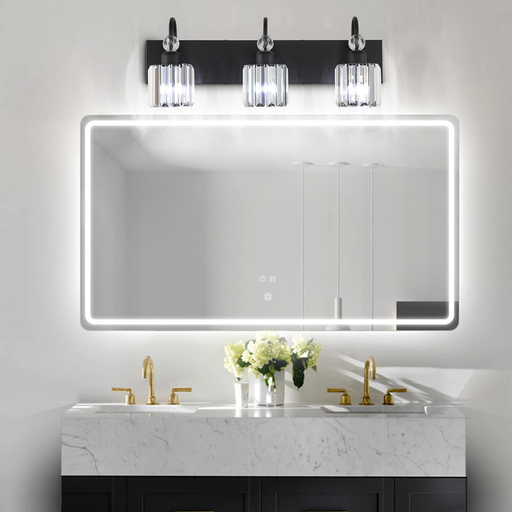 Ralbay Modern Crystal Vanity Light 3-Lights Modern Crystal Vanity Lights for Bathroom Matte Black Crystal Bath Wall Light Fixtures Modern Black Crystal Bathroom Light Fixtures