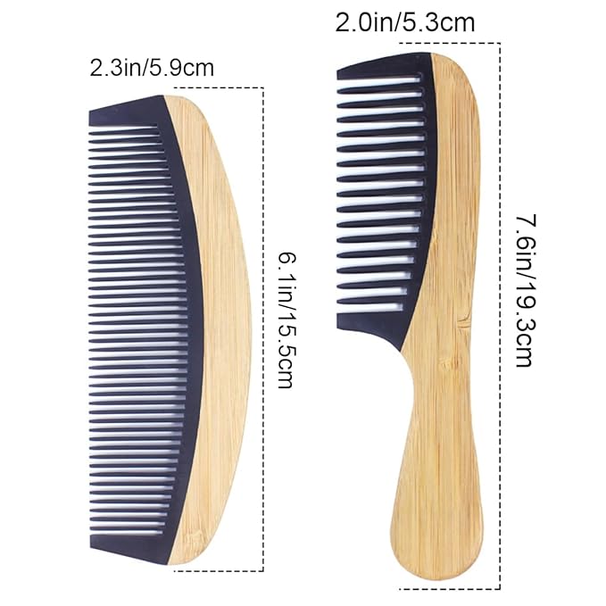 2PCS Natural Handmade Bamboo Hair Combs for Women Men, Anti-Static for All Hairstyles & Beard