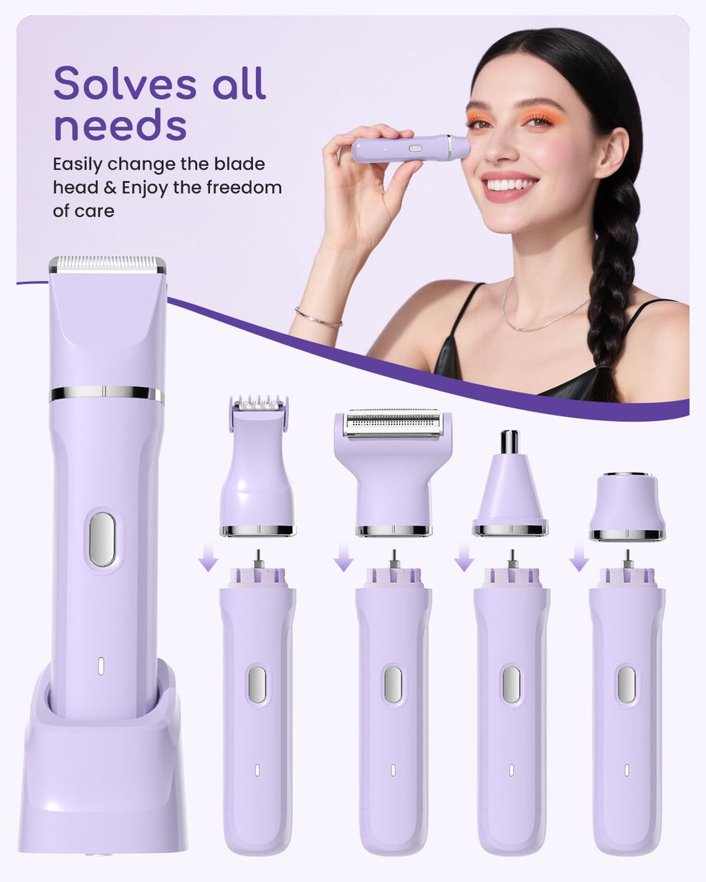 Bikini Trimmer for Women - 5 in 1 Electric Razors for Ladys Pubic Facial Nose Body Leg Hair Removal, Waterproof Electric Shaver for Women Private Area Sensitive Skin, Personal Hair Trimmer-Purple