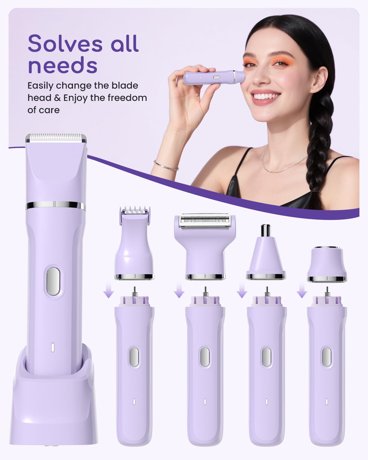 Bikini Trimmer for Women - 5 in 1 Electric Razors for Ladys Pubic Facial Nose Body Leg Hair Removal, Waterproof Electric Shaver for Women Private Area Sensitive Skin, Personal Hair Trimmer-Purple